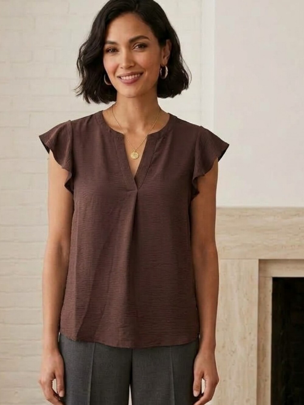 Calvin Klein Brown Flutter Sleeve Blouse Women’s XL